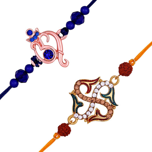 Mahi Combo of Ganesha and Swastik Rakhis with Meenakari Work Crystals and Rudrakshaa for Bhaiya (RCO1105533M)