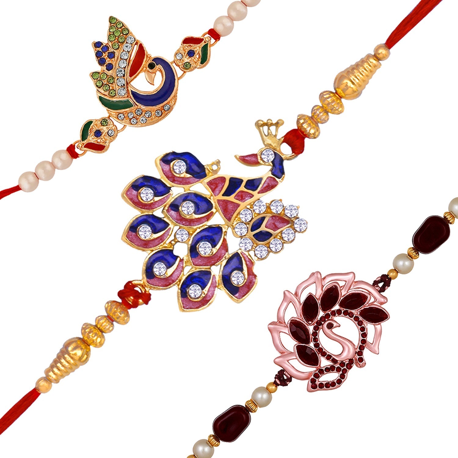 Mahi Combo of 3 Charming Peacock Shaped Rakhis with Meenakari Work and Crystals for Brothers (RCO1105534M)