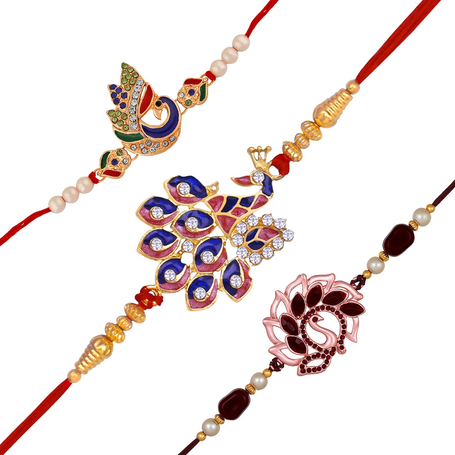 Mahi Combo of 3 Charming Peacock Shaped Rakhis with Meenakari Work and Crystals for Brothers (RCO1105534M)