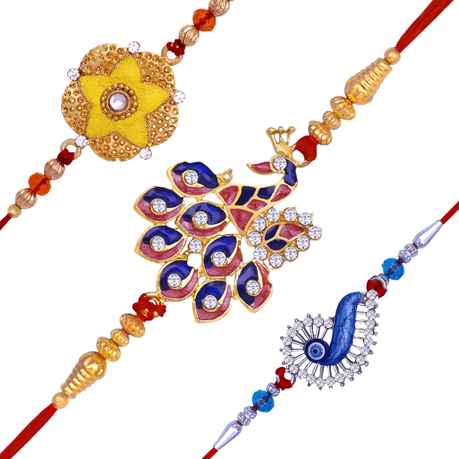 Mahi Combo of Floral, Evil Eye and Peacock Shaped Rakhi's with Meenakari Work and Crystals for Brother's (RCO1105535M)