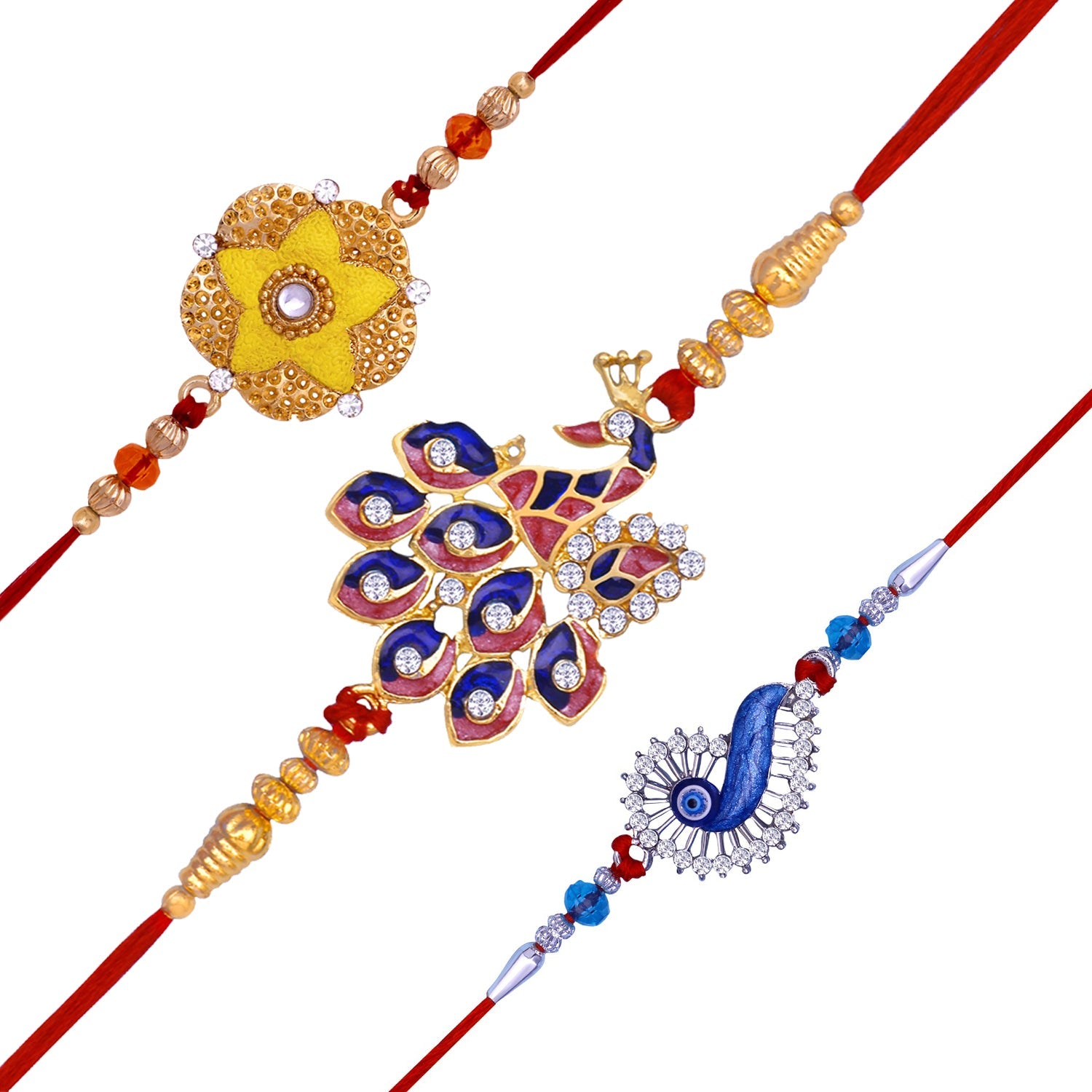 Mahi Combo of Floral, Evil Eye and Peacock Shaped Rakhi's with Meenakari Work and Crystals for Brother's (RCO1105535M)