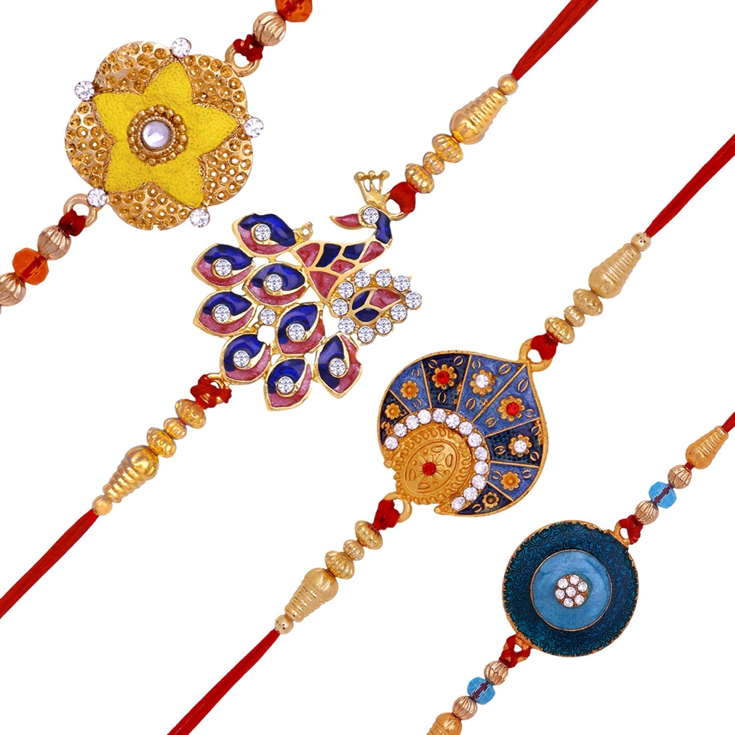 Mahi Rakhi Multicolor Combo of 4 Beautiful Rakhi Set with Meenakari Work and Crystals for Men (RCO1105540G)