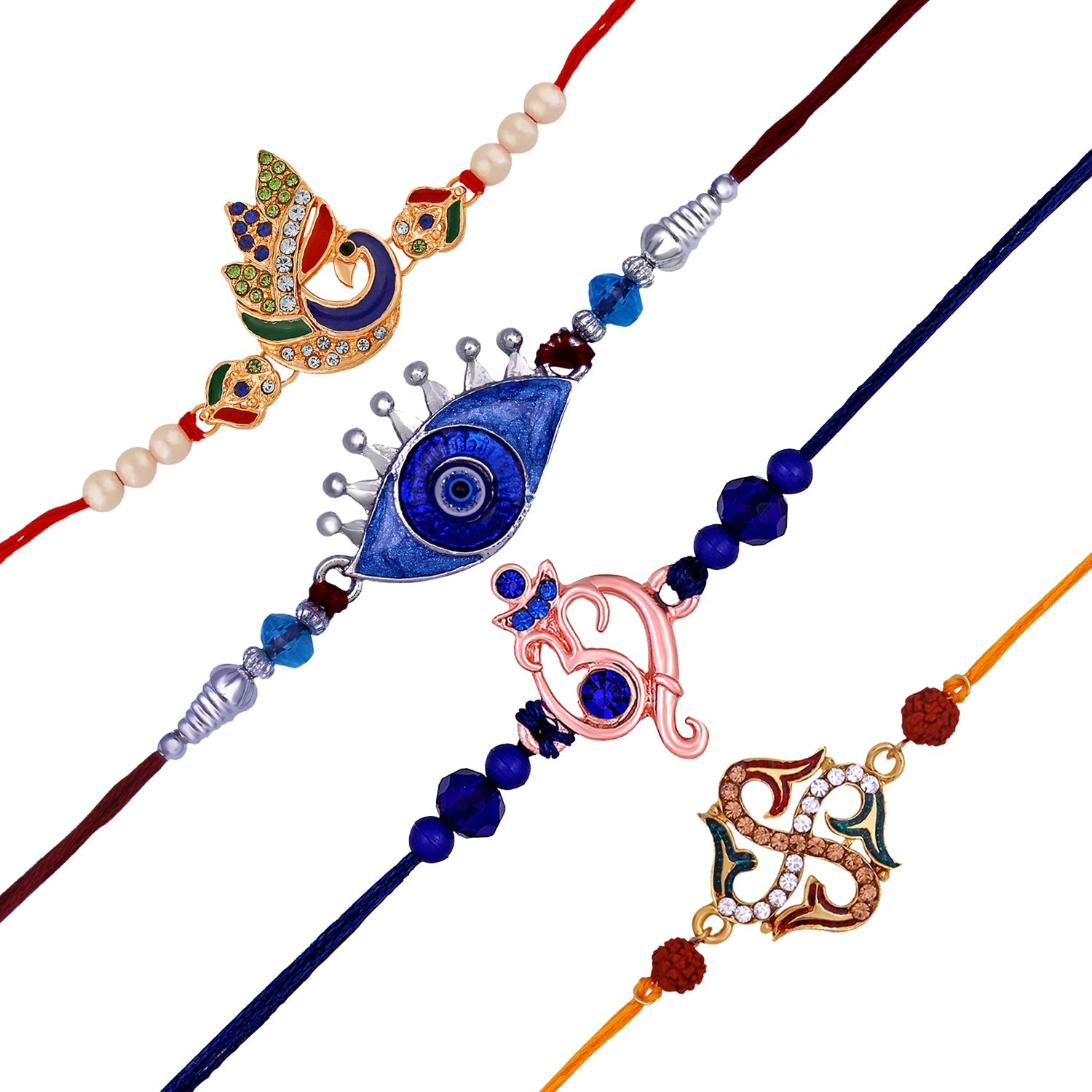 Mahi Multicolor Combo of Evil Eye, Ganpati, Swastil and Peacock Shaped Rakhi Set with Crystals and Meenakari Work for Brother's (RCO1105541M)