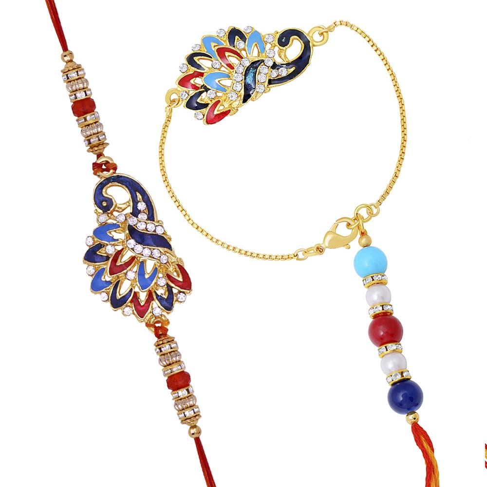 Mahi Peacock Shaped Meenakari Work Multicolor Rakhi Combo with Beads and Crystals for Bhai and Bhabhi (RCOL1105341M)