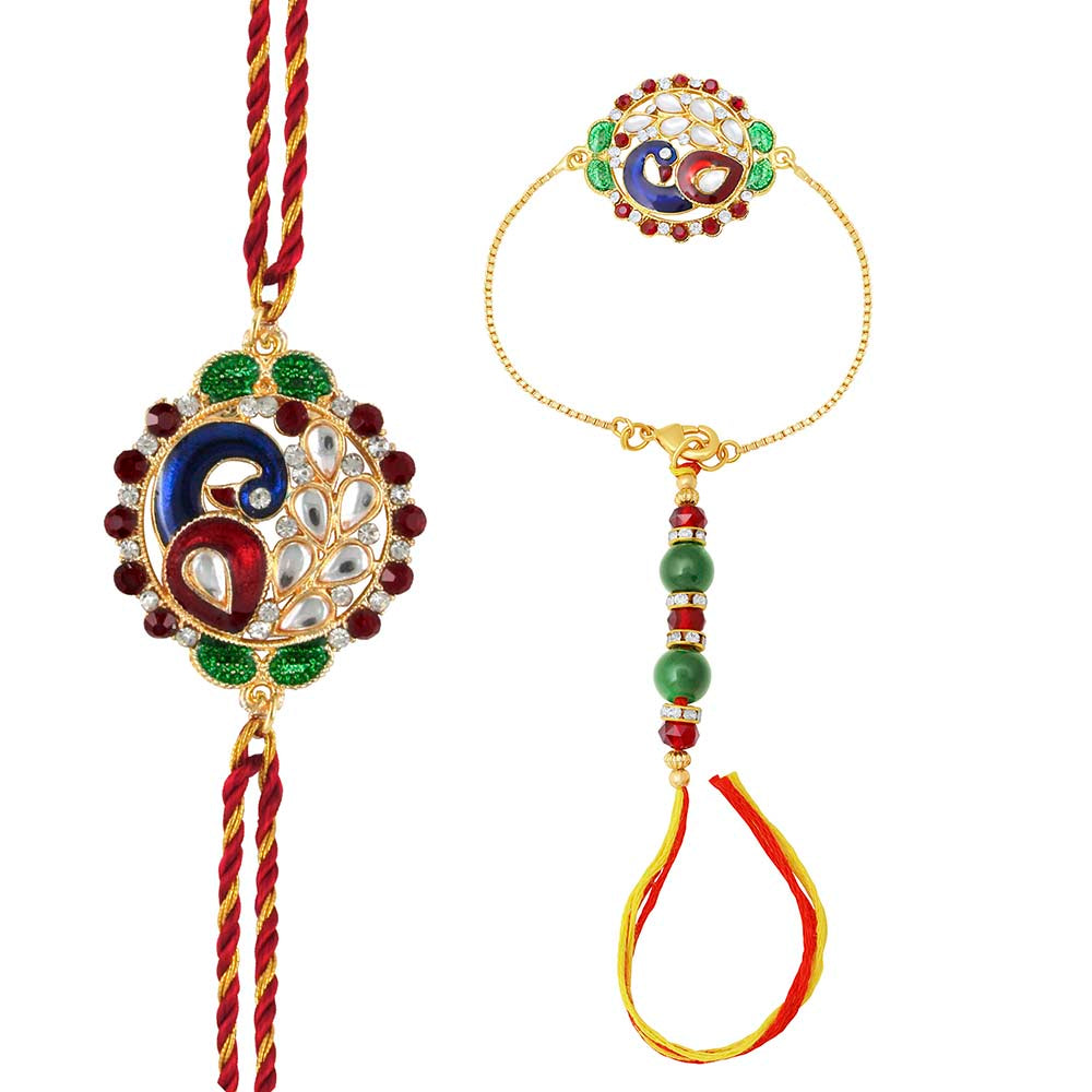 Mahi Peacock Shaped Meenakari Work colorful Rakhi Combo with Beads and Crystals for Bhaiya and Bhabhi (RCOL1105345M)