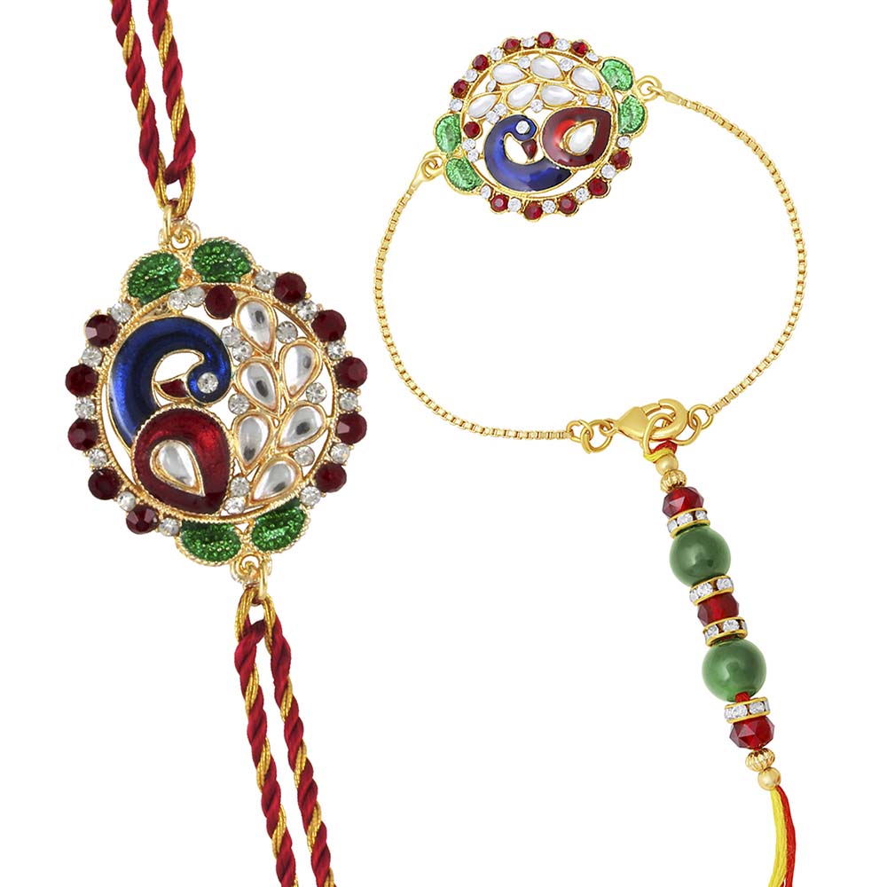 Mahi Peacock Shaped Meenakari Work colorful Rakhi Combo with Beads and Crystals for Bhaiya and Bhabhi (RCOL1105345M)