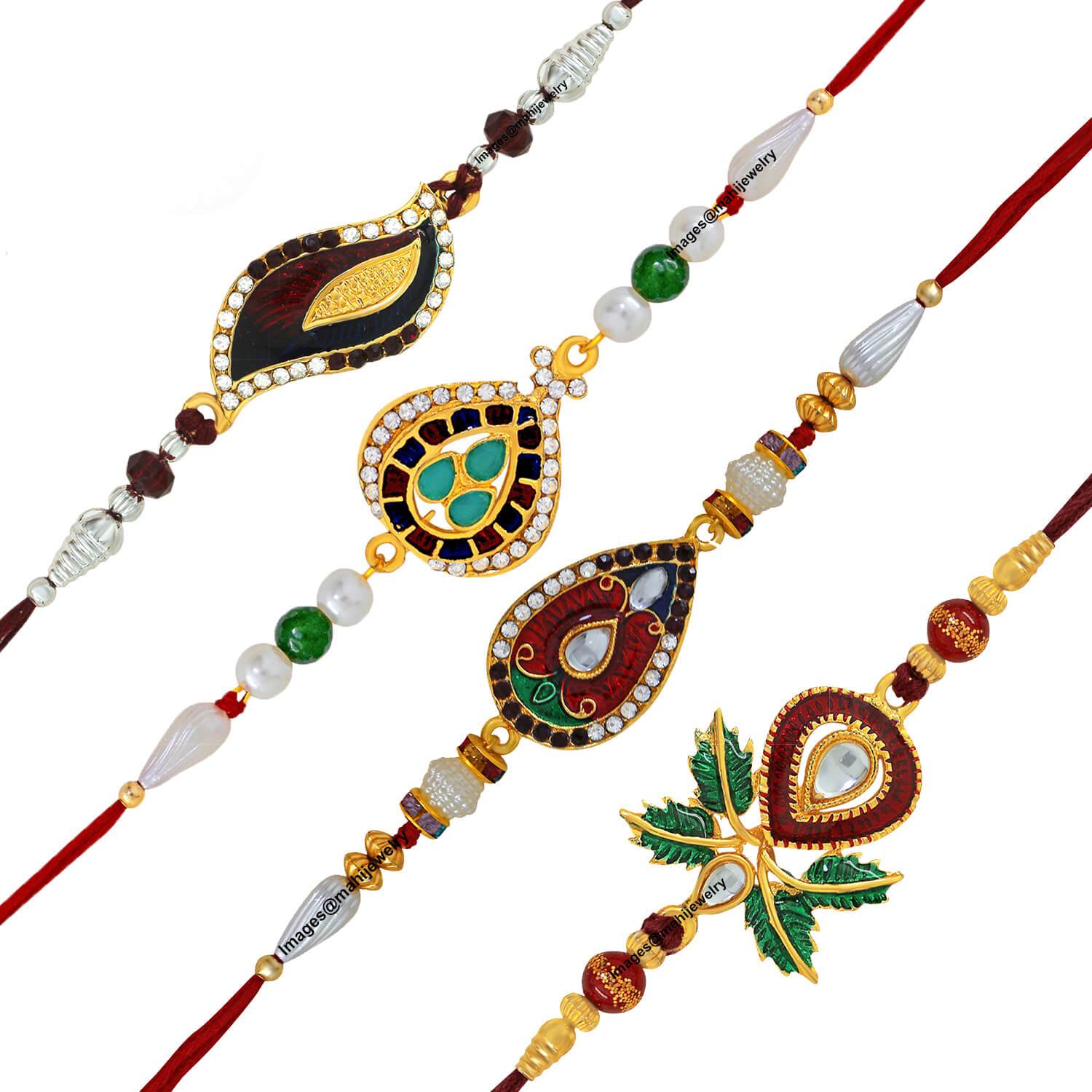 Mahi Combo of 4 Rakhi (Bracelet) with Rudraks,Crystal and Artificial Pearl for Adorable Brother RLCO1104982G