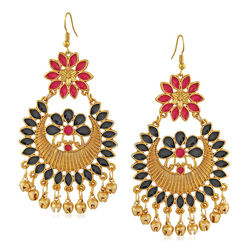 Mahi Red and Black Meenakari Work Floral Dangler Earrings with Ghungroo for Women(VECJ100217Red)