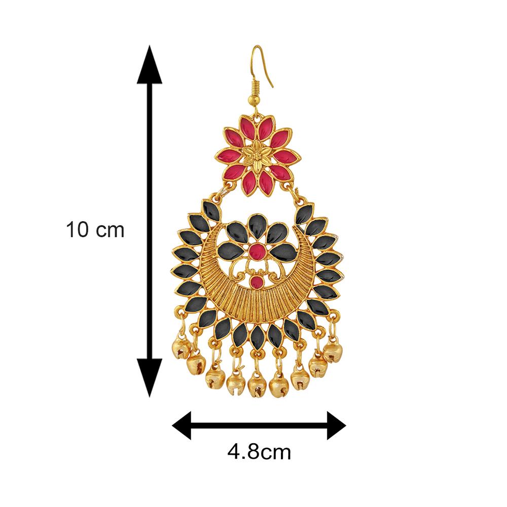 Mahi Red and Black Meenakari Work Floral Dangler Earrings with Ghungroo for Women(VECJ100217Red)