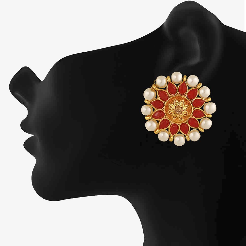 Mahi Red Meenakari Work Traditional Floral Earring with Kundan for Women (VECJ100218Red)