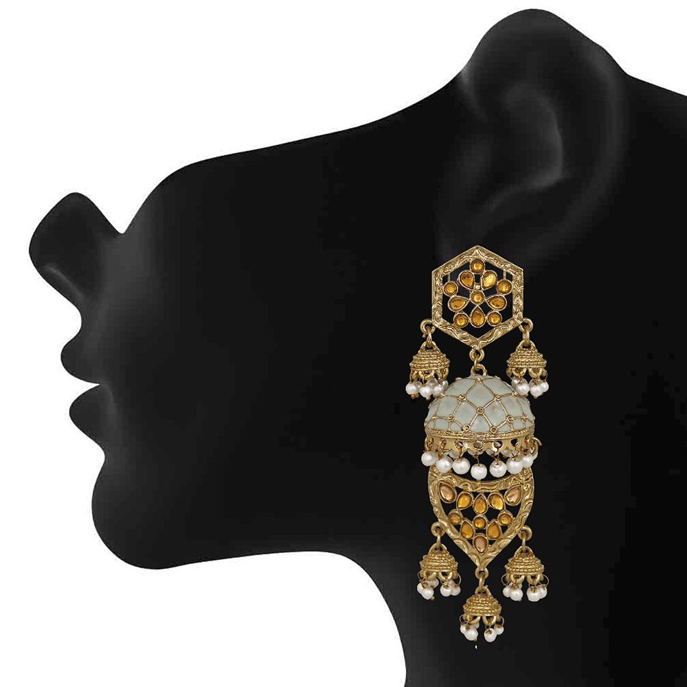 Mahi Traditional Jhoomar Jhumki Layered Earring with Kundan Meenakari Work and Artificial Pearl for Women (VECJ100241)