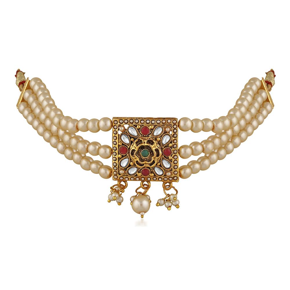 Mahi White Kundan & Artificial Pearl Traditional Choker Necklace Earring & Maangtikka Set For Women (VNCJ100248)