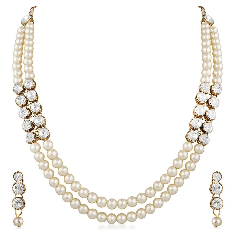 Mahi Traditional Jewellery Kundan and Artificial Pearl Layered Necklace Set with Earrings for Women (VNCJ100249WHT)