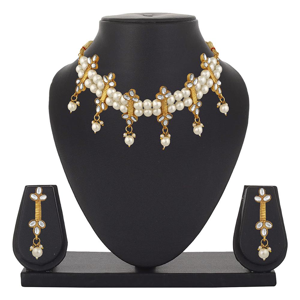 Mahi Traditional Jewellery Kundan and Artificial Pearl Choker Necklace Set with Earrings for Women (VNCJ100255WHT)