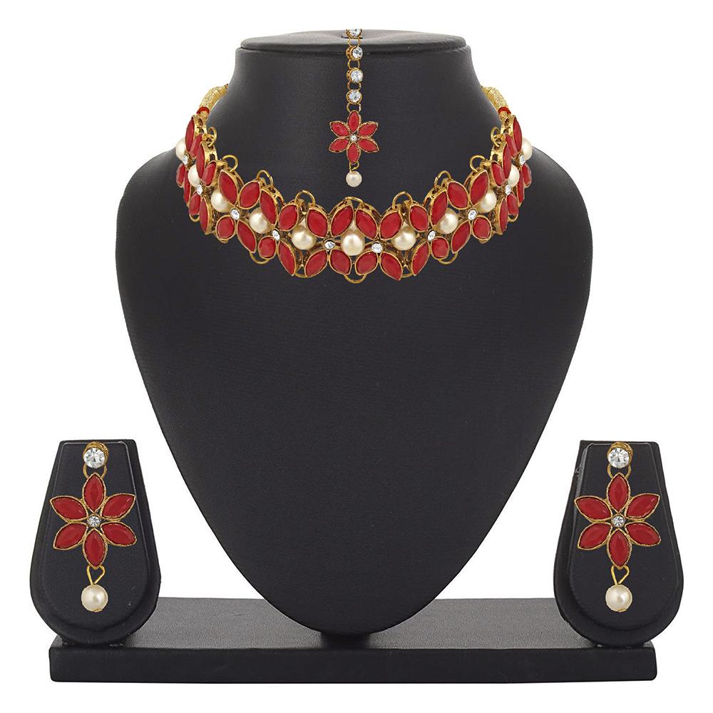 Mahi Red Kundan & Artificial Pearl Traditional Choker Necklace Earring & Maangtikka Set For Women (VNCJ100256RED)