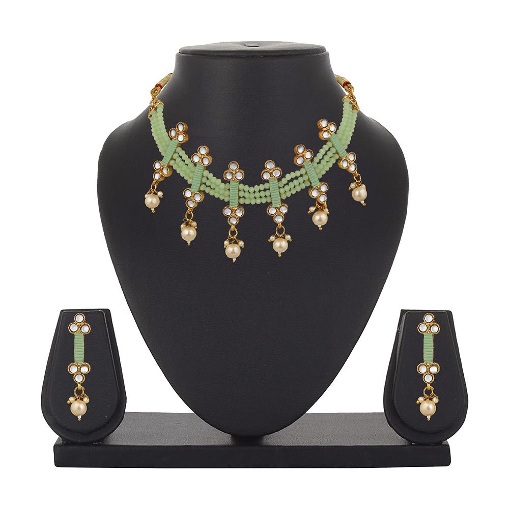 Mahi Traditional Floral Kundan & Green Beads Layered Choker Necklace Jewellery Set for Women (VNCJ100261GRN)